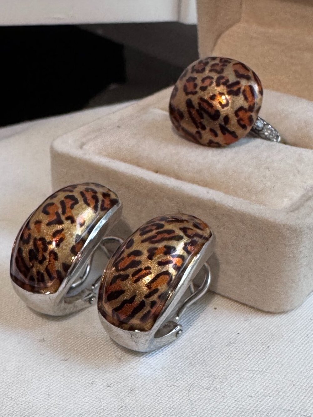🐆 Rare Vintage .925 Sterling Silver Panther Leopard Print Ring & Earrings ✨
